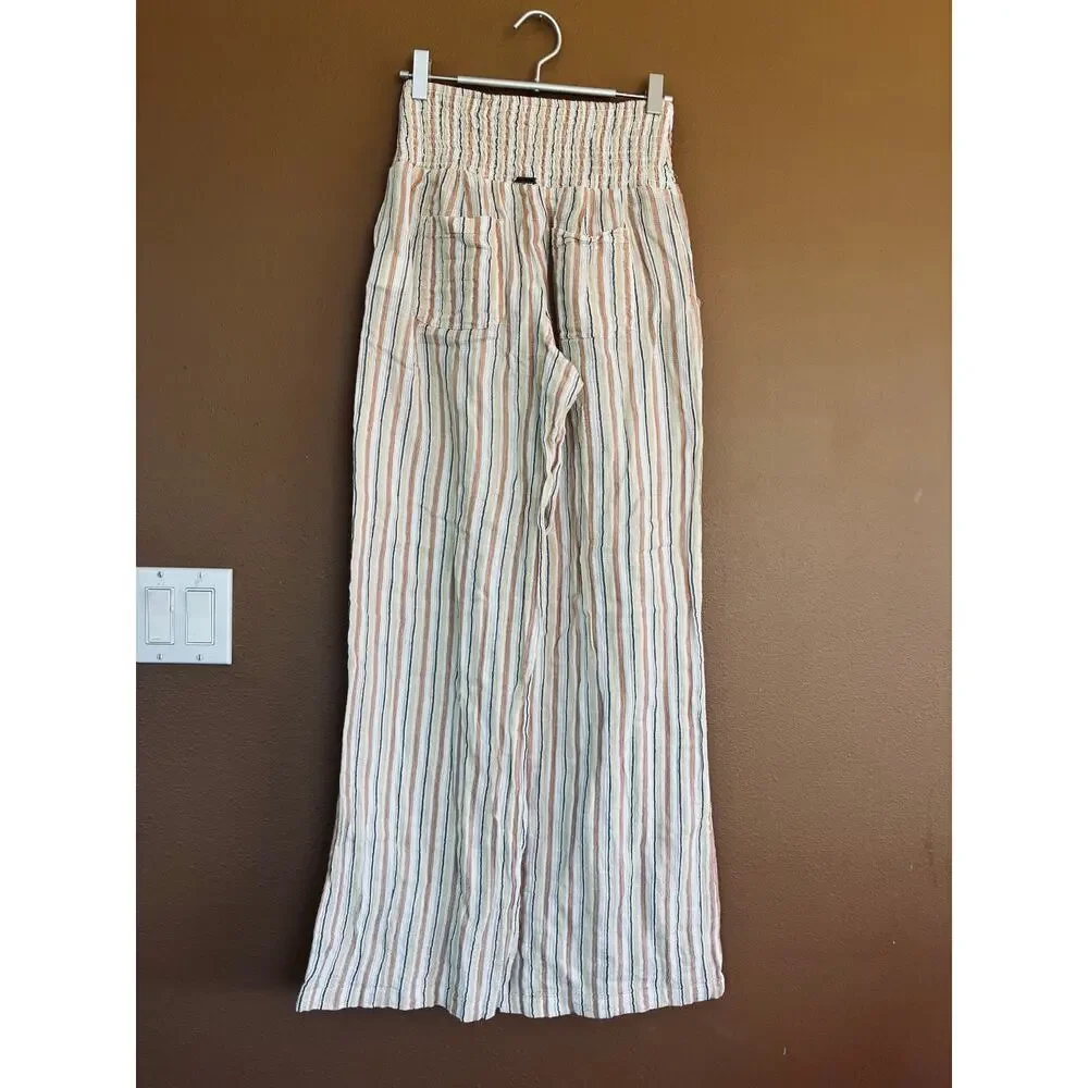 Billabong Pant Wide Leg New Waves Neutral Stripes Cotton Gauze Pockets Size Med - Picture 6 of 11